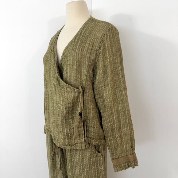 FLAX Linen Matching Set Wrap Top and Pants Olive Green M - Picture 4 of 13